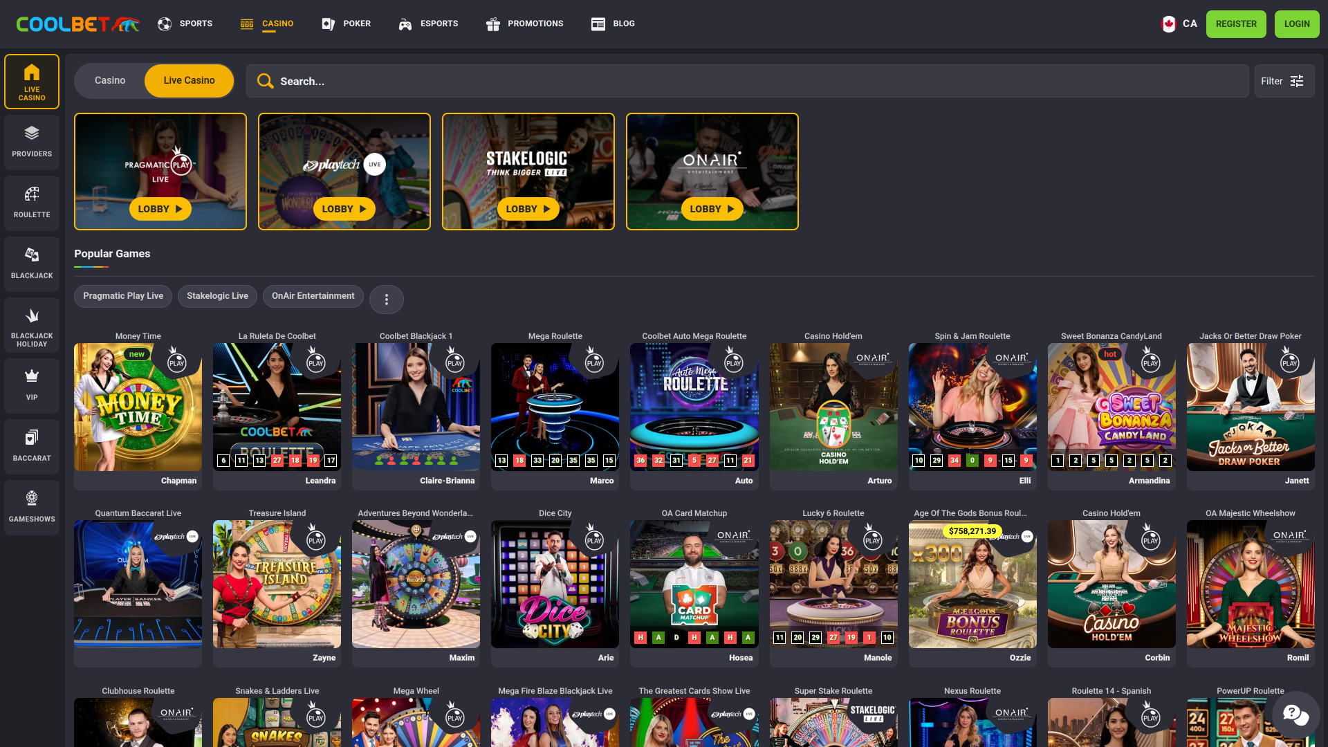 Coolbet с Лайв-Дилером Рабочий стол