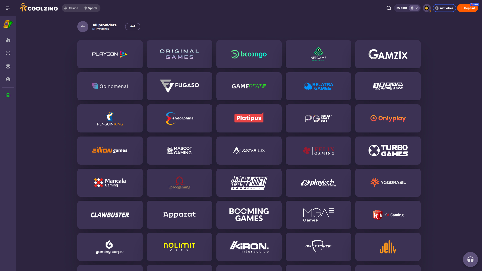 Coolzino Casino Spielentwickler Desktop