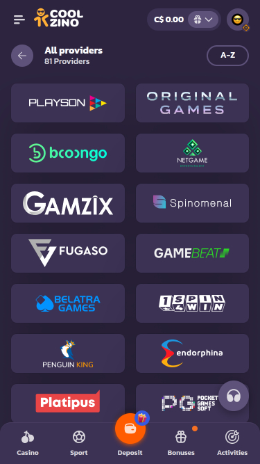 Coolzino Casino Spielentwickler Mobil