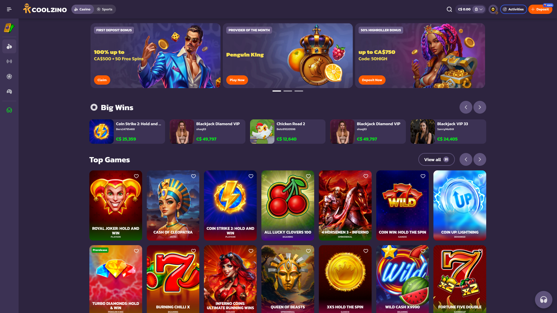 Coolzino Casino Startseite Desktop