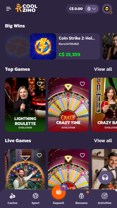 Coolzino Casino Live-Dealer Mobil