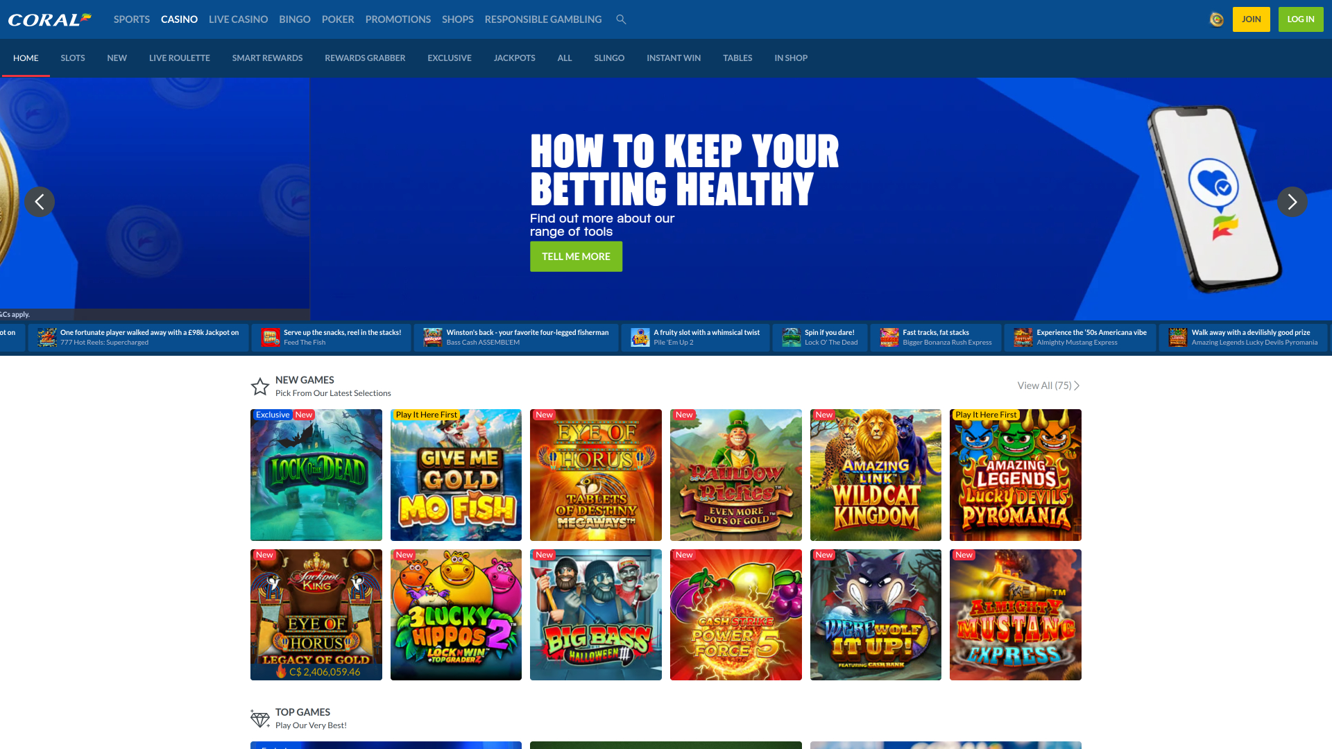 Pagina Iniziale del Casinò Coral Desktop