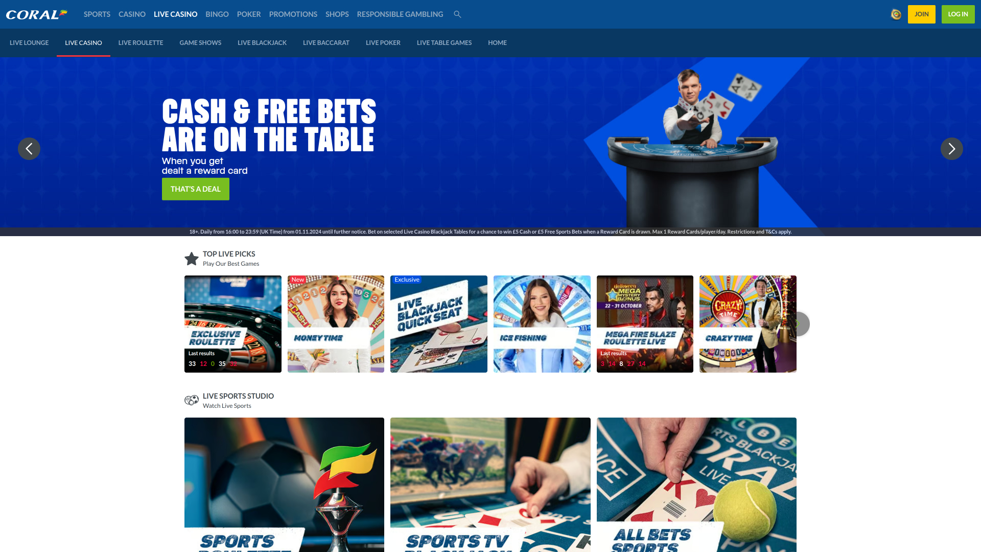 Coral Casinò Live Dealer Desktop