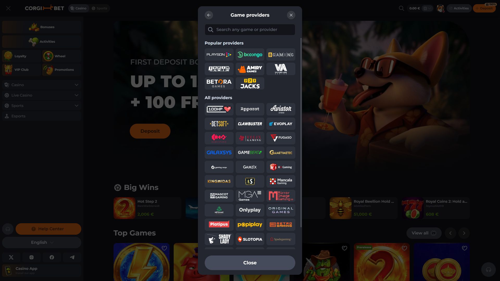Corgibet Casino Desktop Image Game Developers