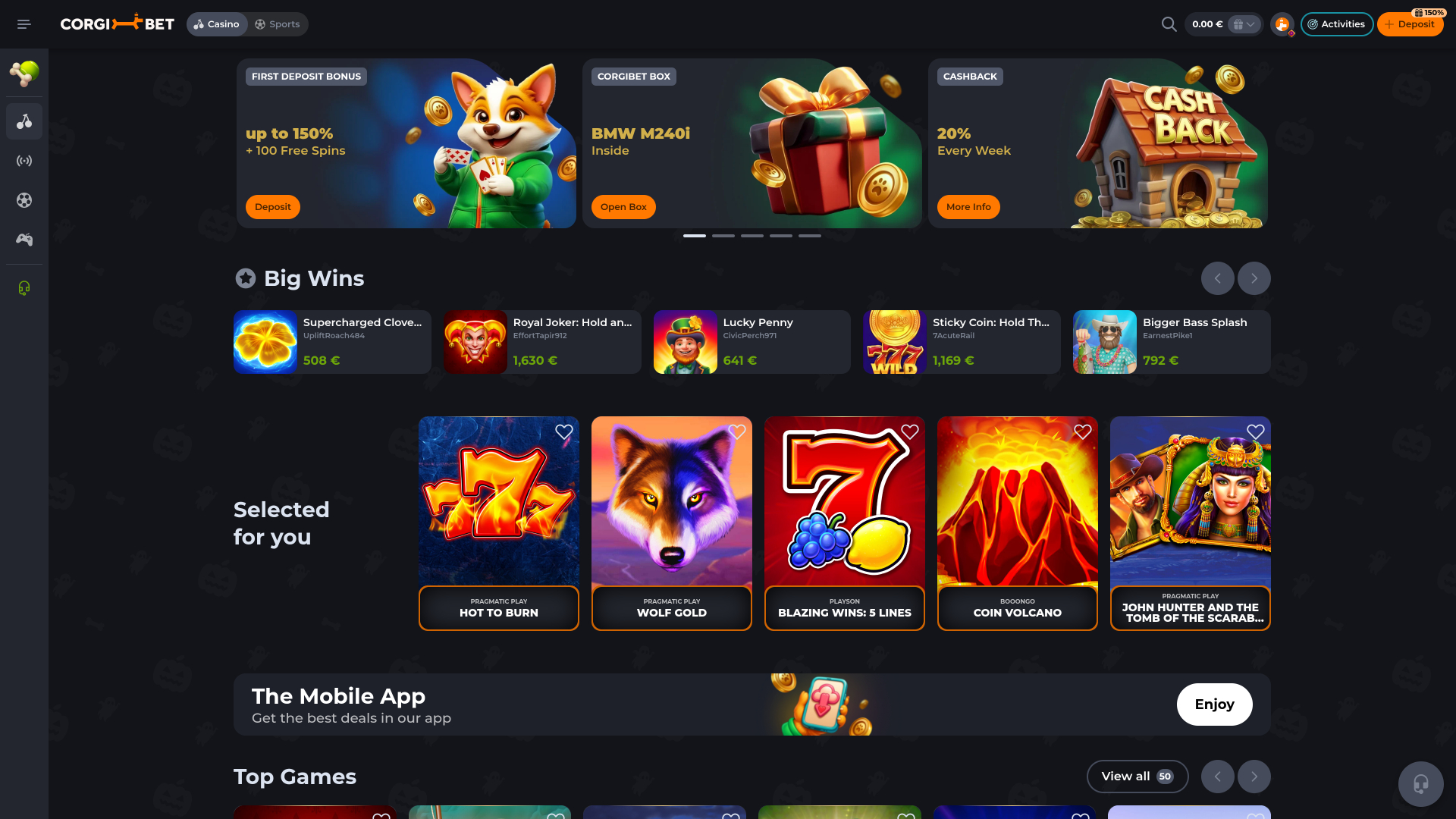 Corgibet Casino Startseite Desktop