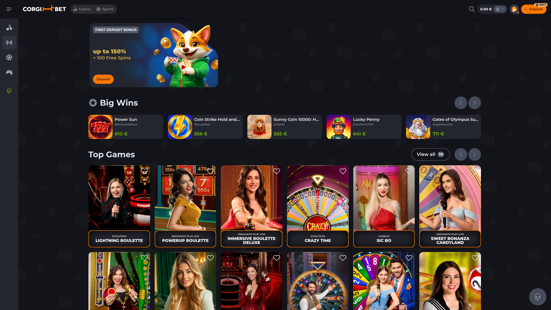 Corgibet Casino Live-Dealer Desktop