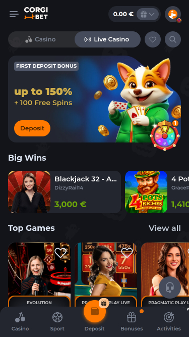 Corgibet Casino Live-Dealer Mobil