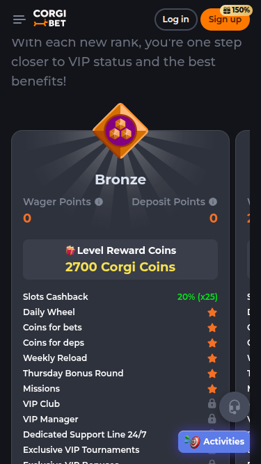 Screenshot des Corgibet Casino VIP-Programms für Mobilgeräte