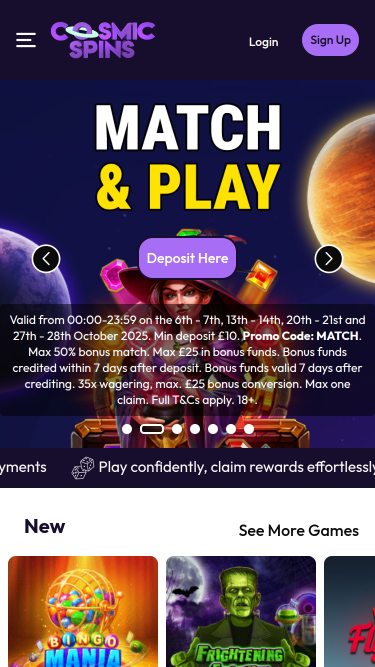 Page d’Accueil du Casino Cosmic Spins Mobile