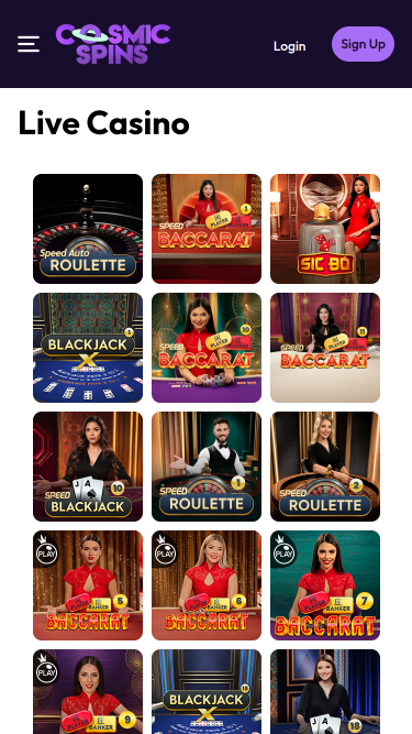 Cosmic Spins Casino Croupier en Direct Mobile