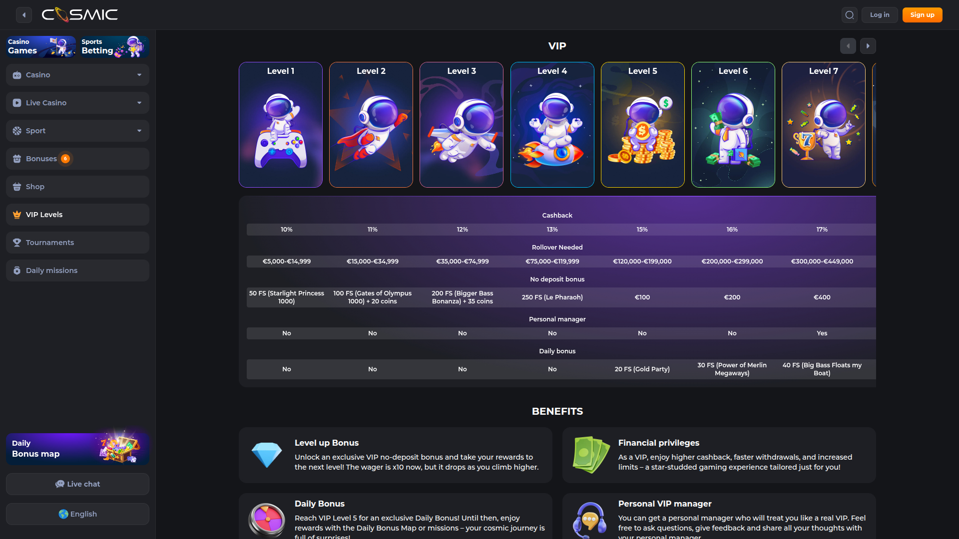 Programme VIP de CosmicSlot Casino pour ordinateur de bureau