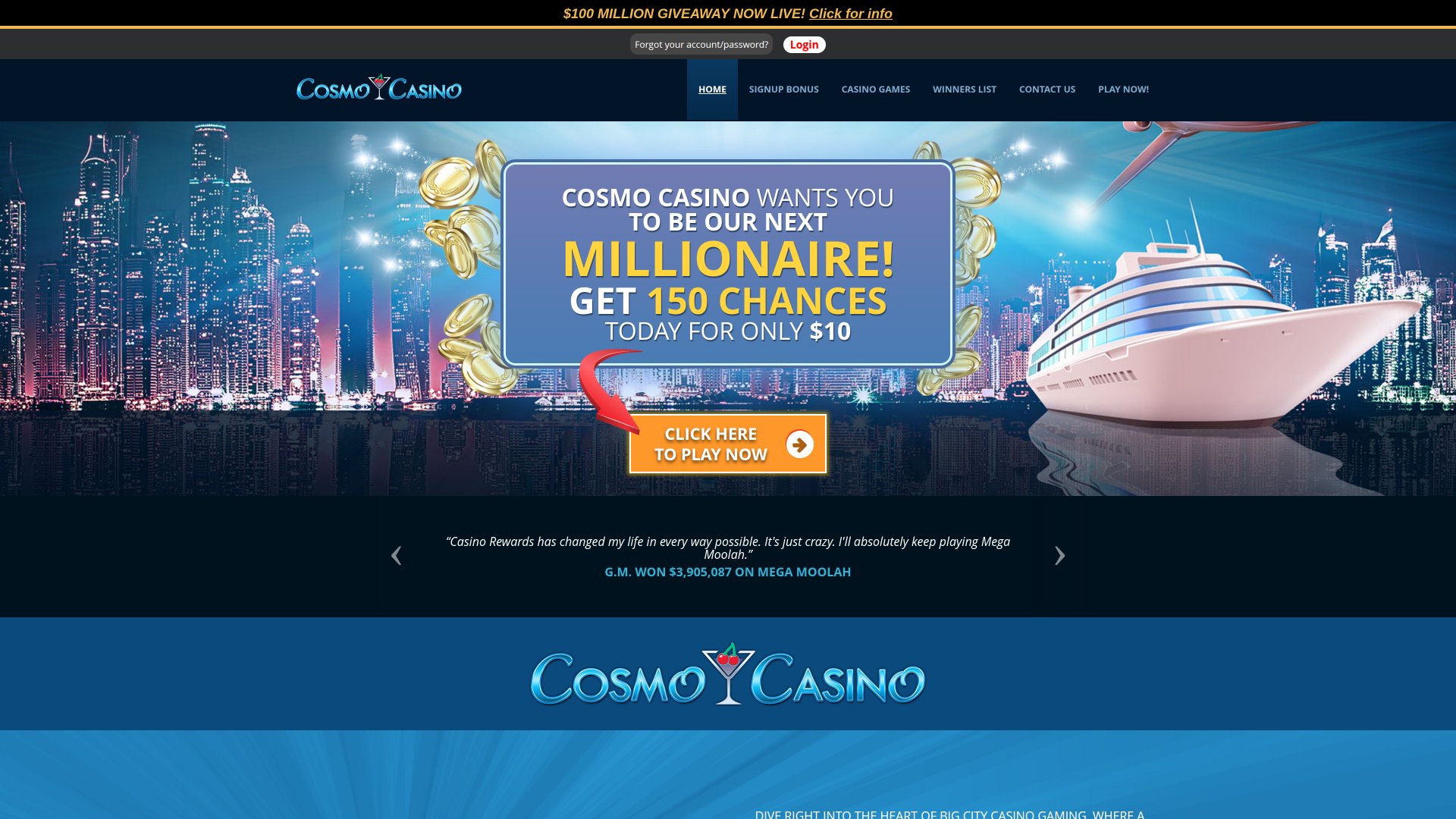 Page d’accueil de Cosmo Casino Bureau