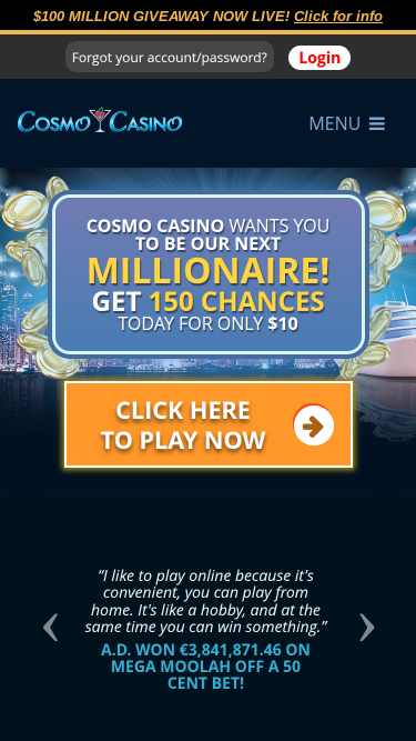 Page d’accueil de Cosmo Casino Mobile