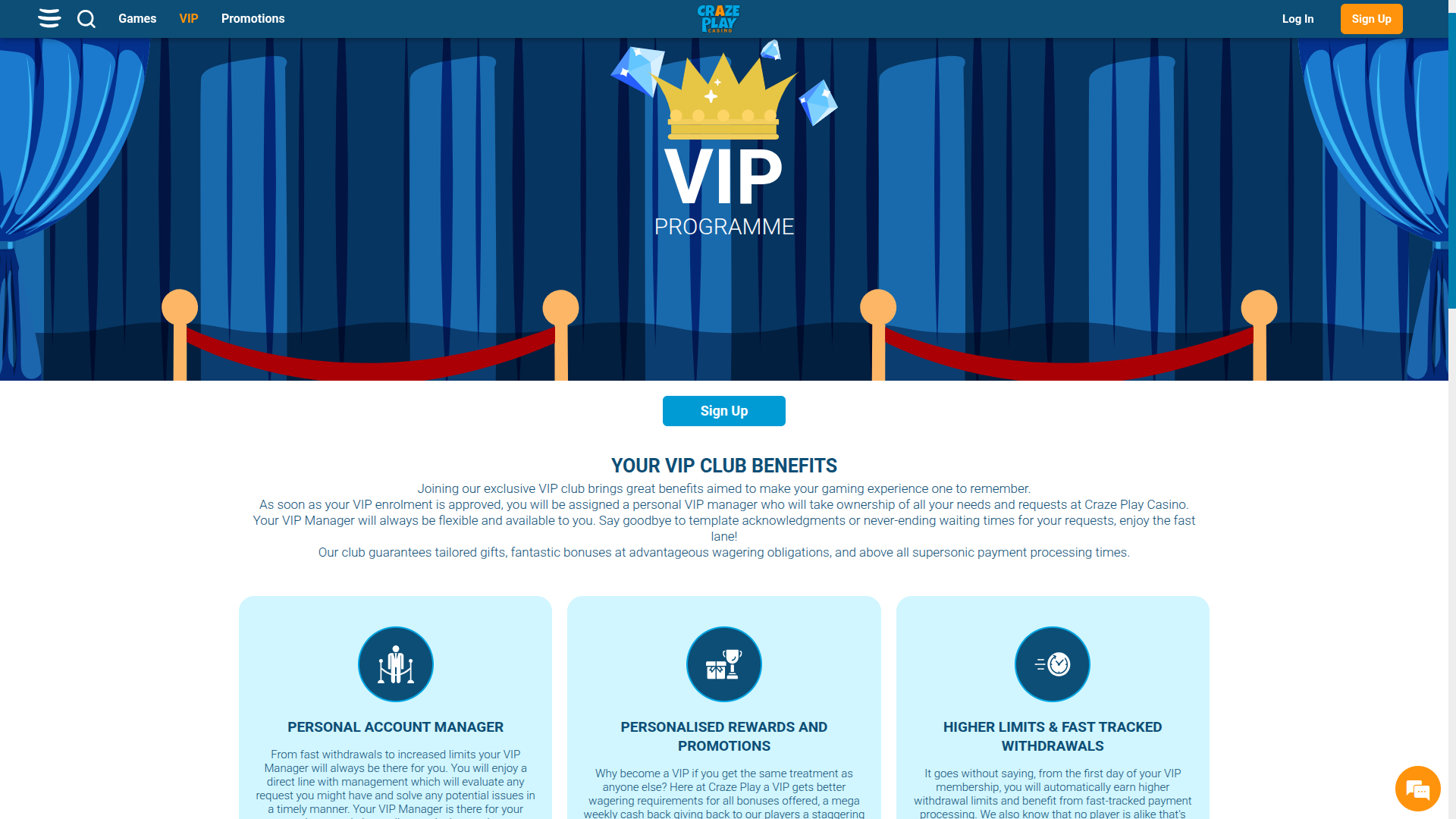 Programa VIP de Craze Play Casino para escritorio