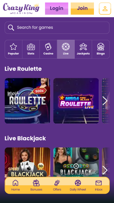 Casino mobile Crazy King avec croupier en direct