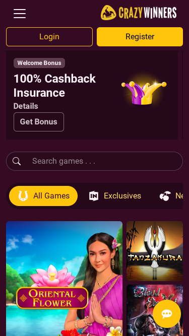 Page d’accueil de Crazy Winners Casino Mobile