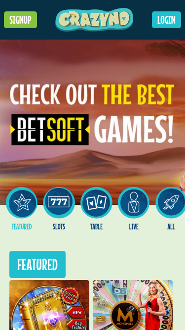 Page d’accueil de Crazyno Casino Mobile