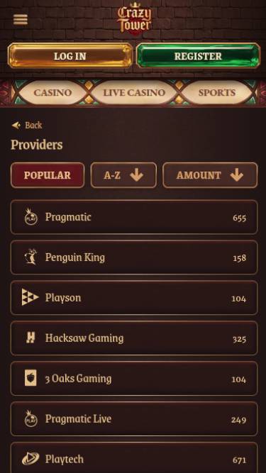 Скриншот мобильной страницы разработчиков игры Crazy Tower Casino.