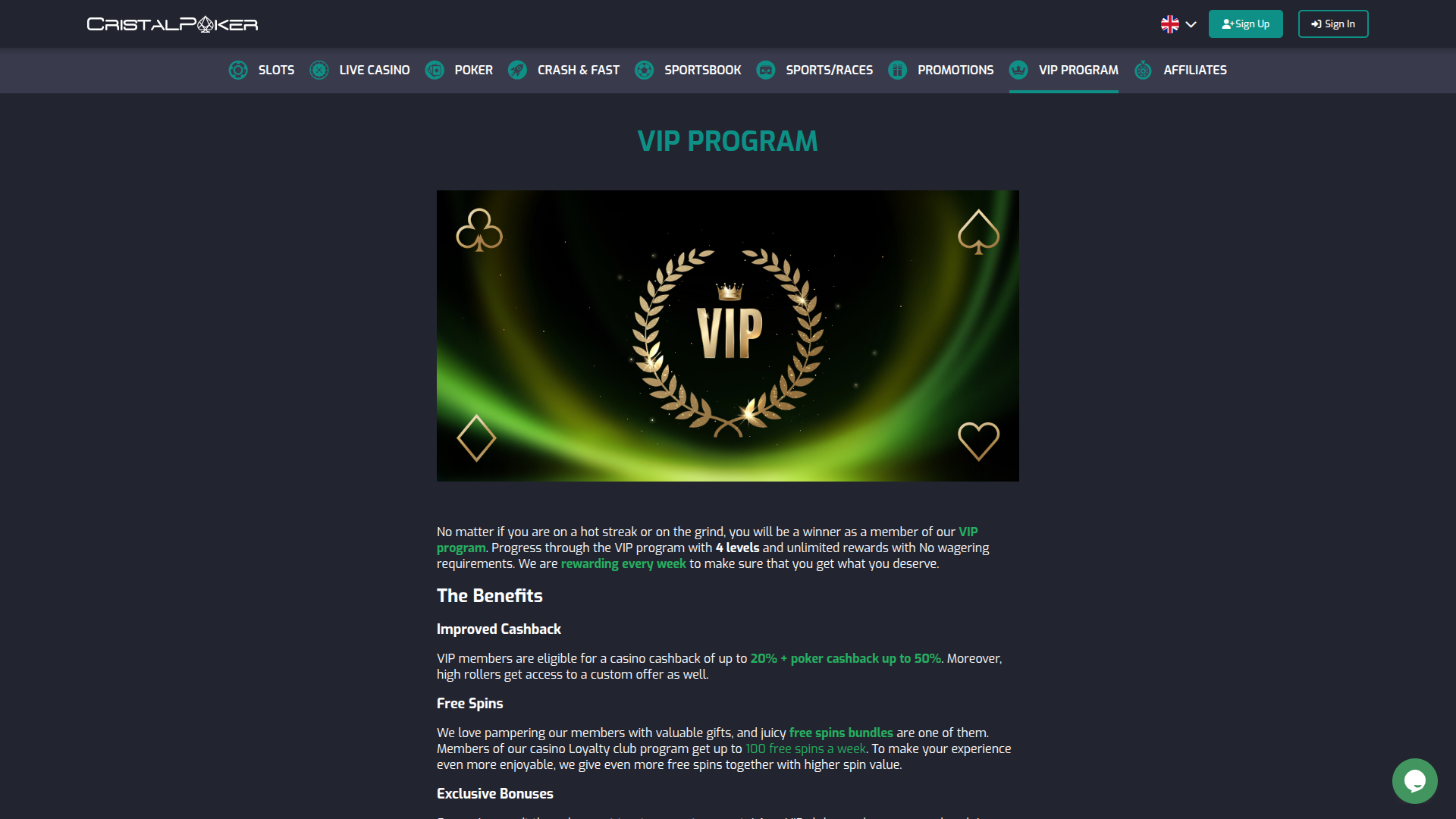Cristal Poker Casino Desktop VIP Program