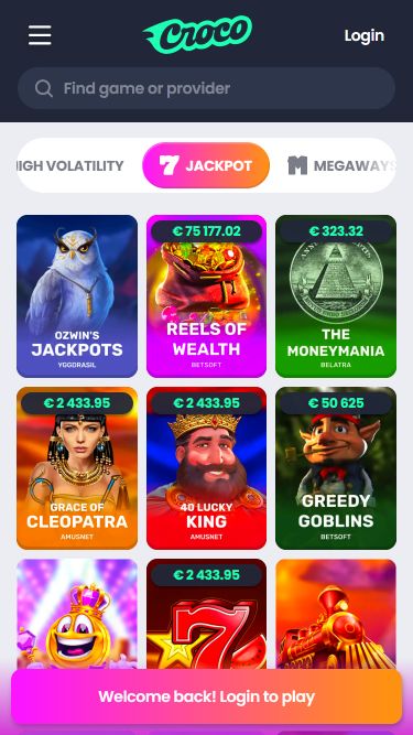 Мобильное изображение казино Crocoslots, джекпот