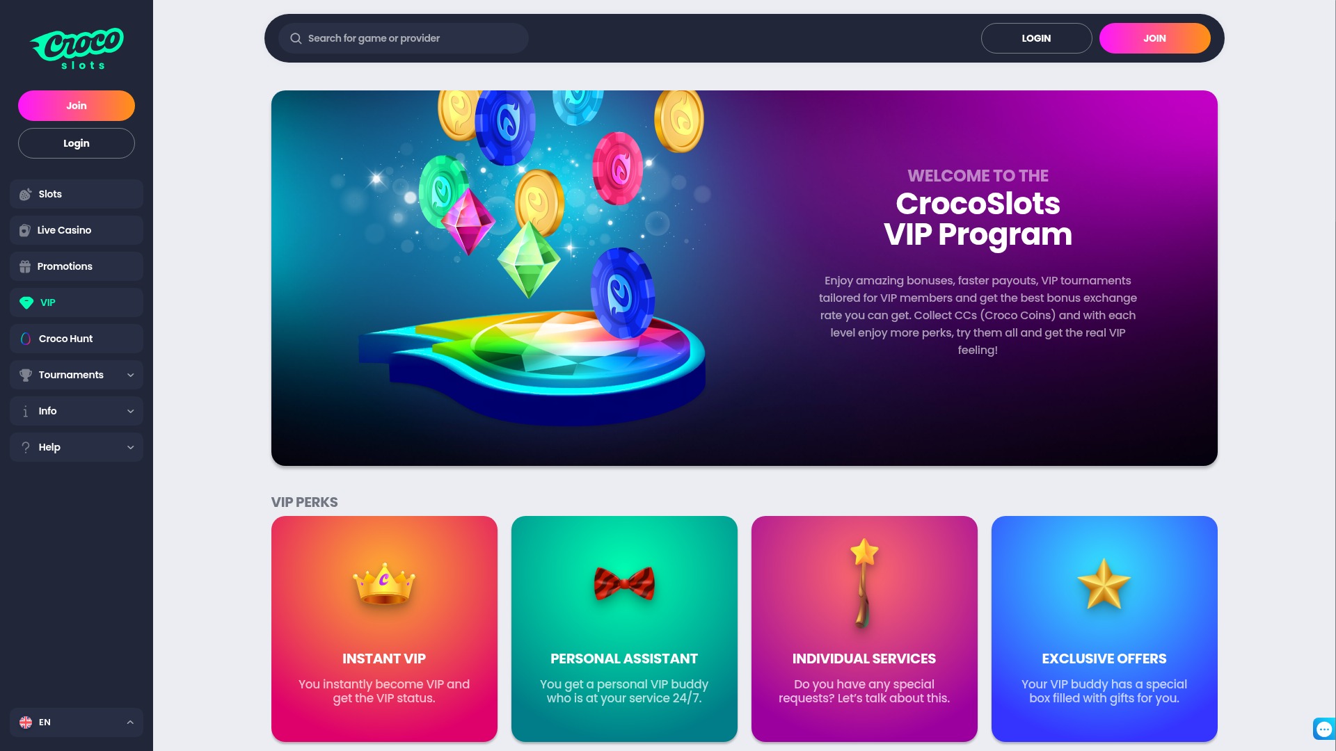 Programa VIP de escritorio del casino Crocoslots