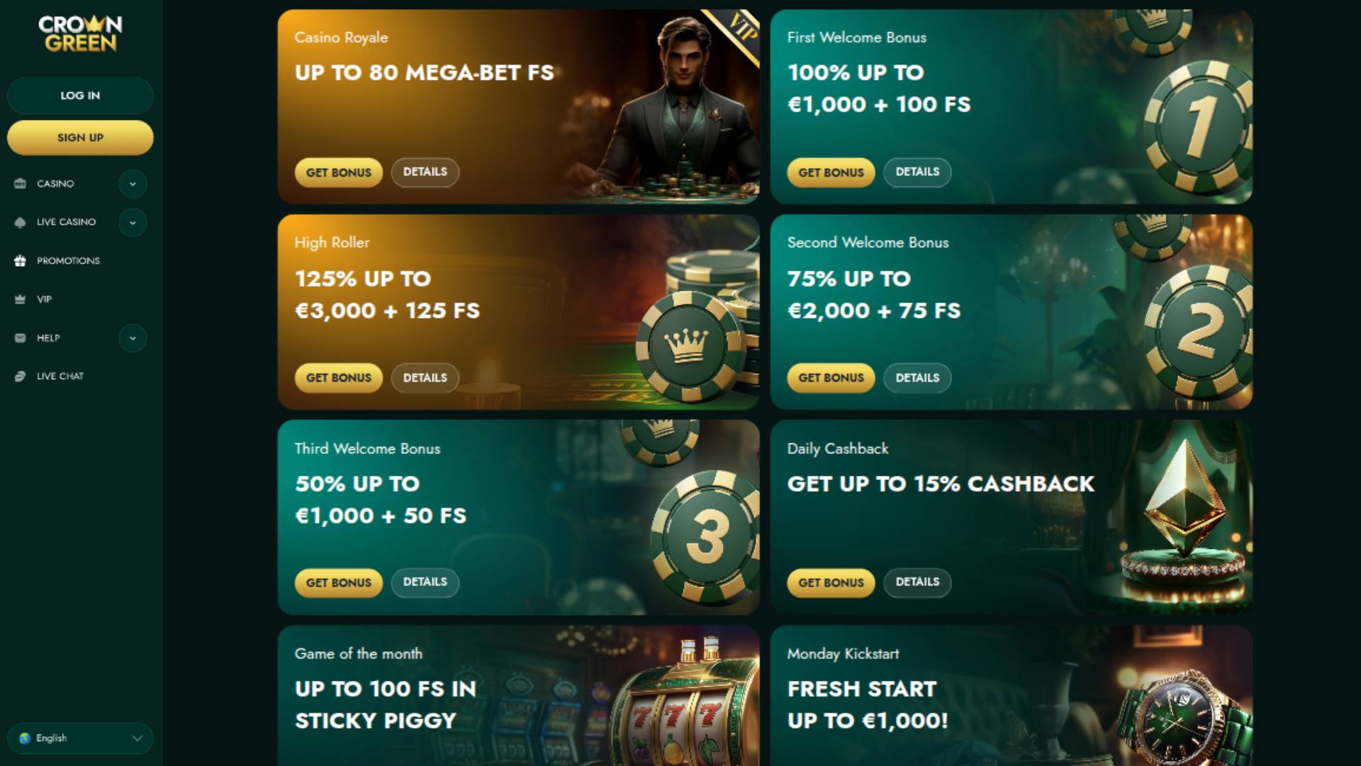 Captura de pantalla de la página de promociones de CrownGreen Casino