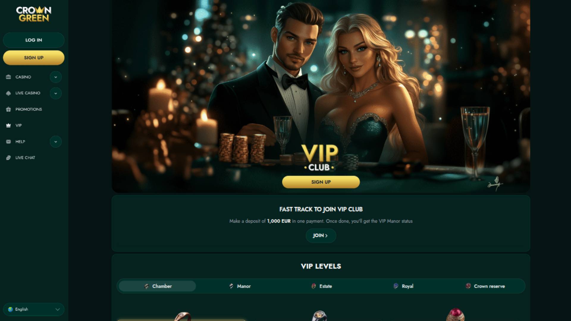 Captura de pantalla de la página VIP de CrownGreen Casino