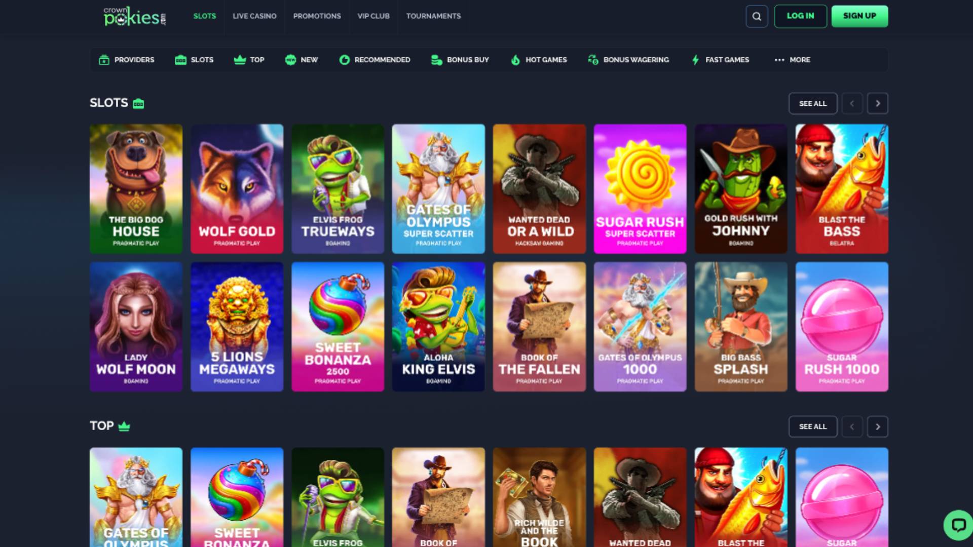 Screenshot della pagina dei giochi del casinò CrownPokies