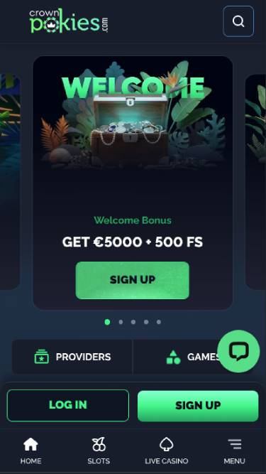 Screenshot della homepage mobile di CrownPokies Casino
