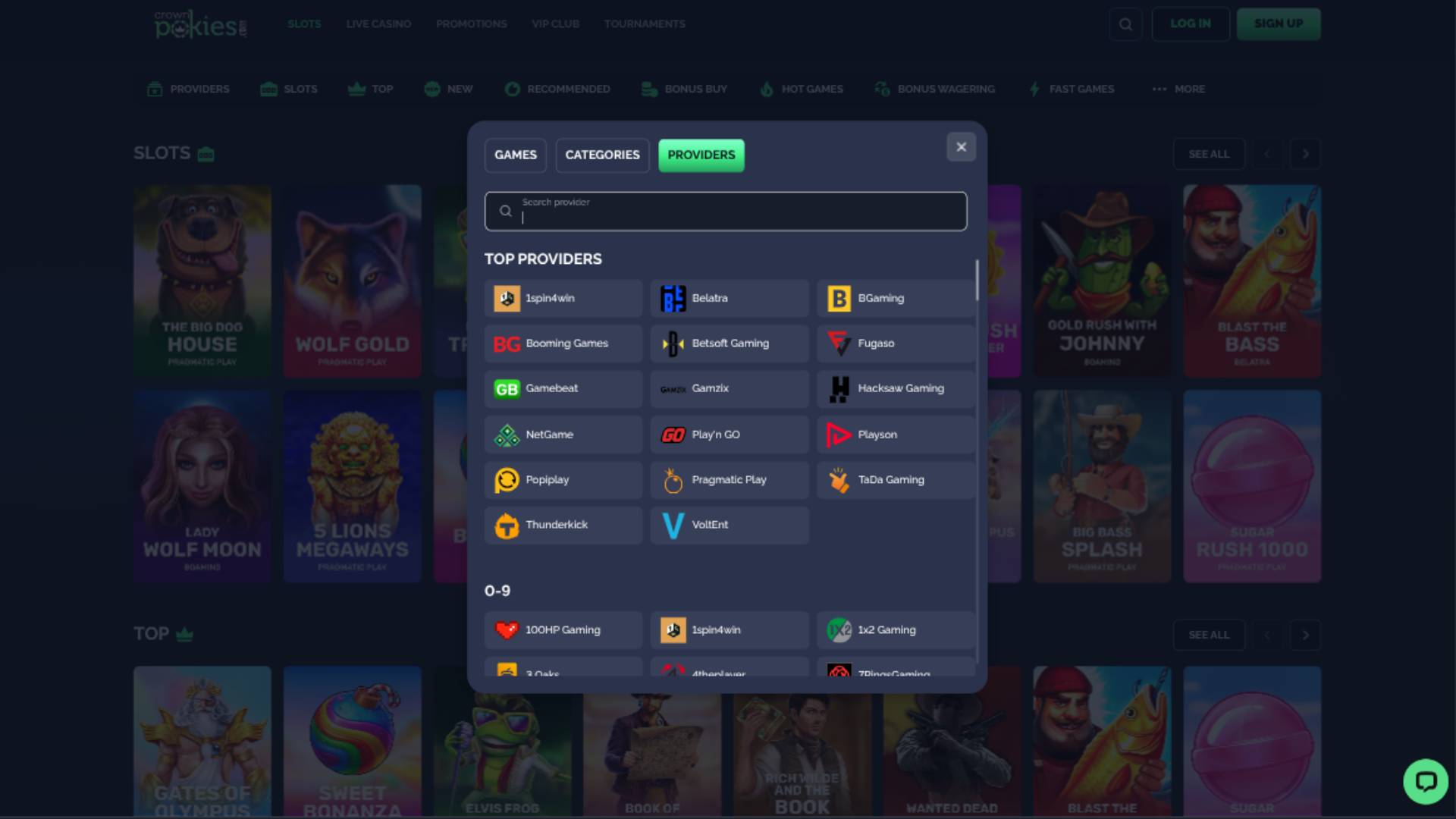 Screenshot della pagina dei fornitori del casinò CrownPokies