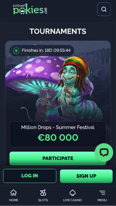 Screenshot della pagina mobile dei tornei del casinò CrownPokies