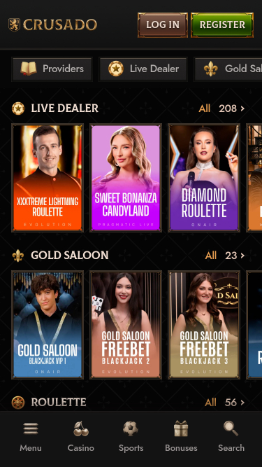 Pagina mobile del casinò Crusado con croupier dal vivo