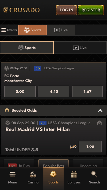 Pagina mobile di Crusado Casino Sports
