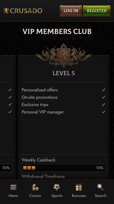 Pagina mobile VIP del Casinò Crusado