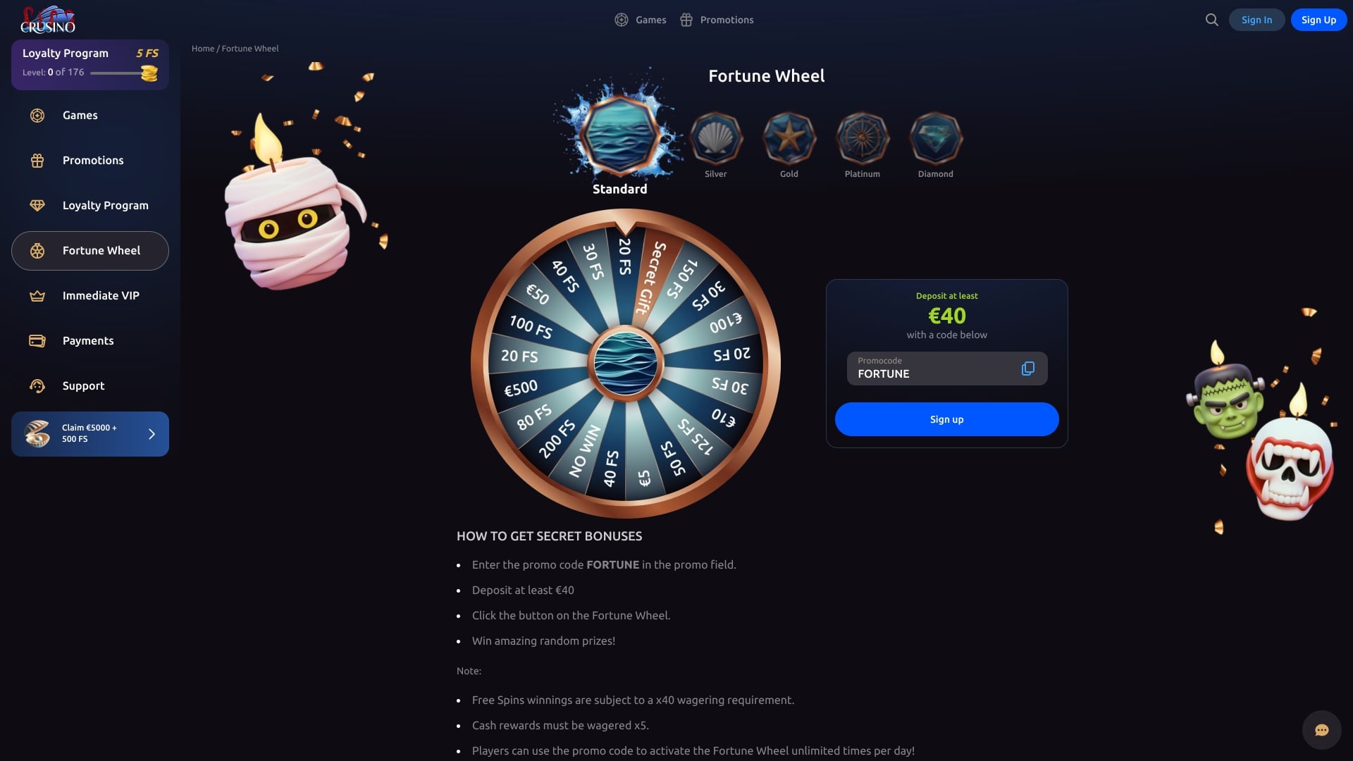 Crusino Casino Glücksrad Desktop