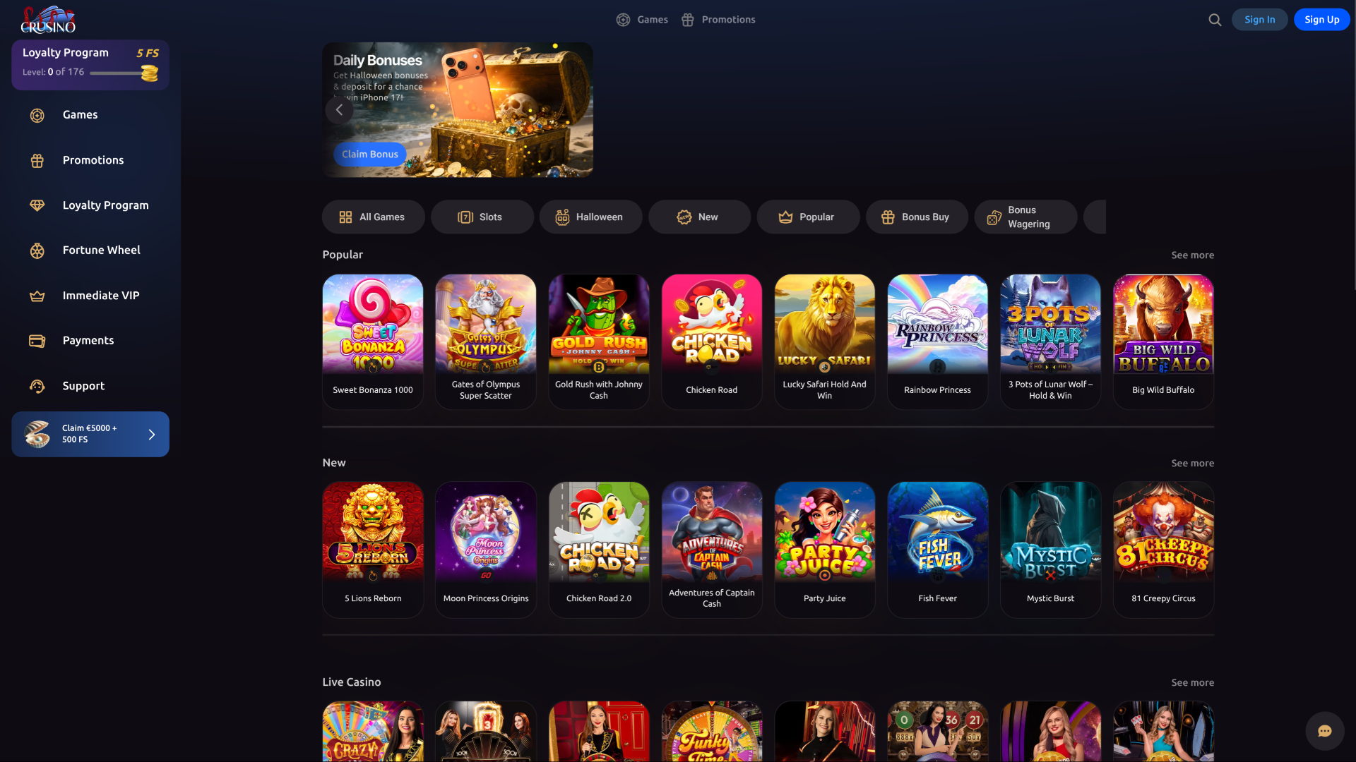 Crusino Casino Startseite Desktop