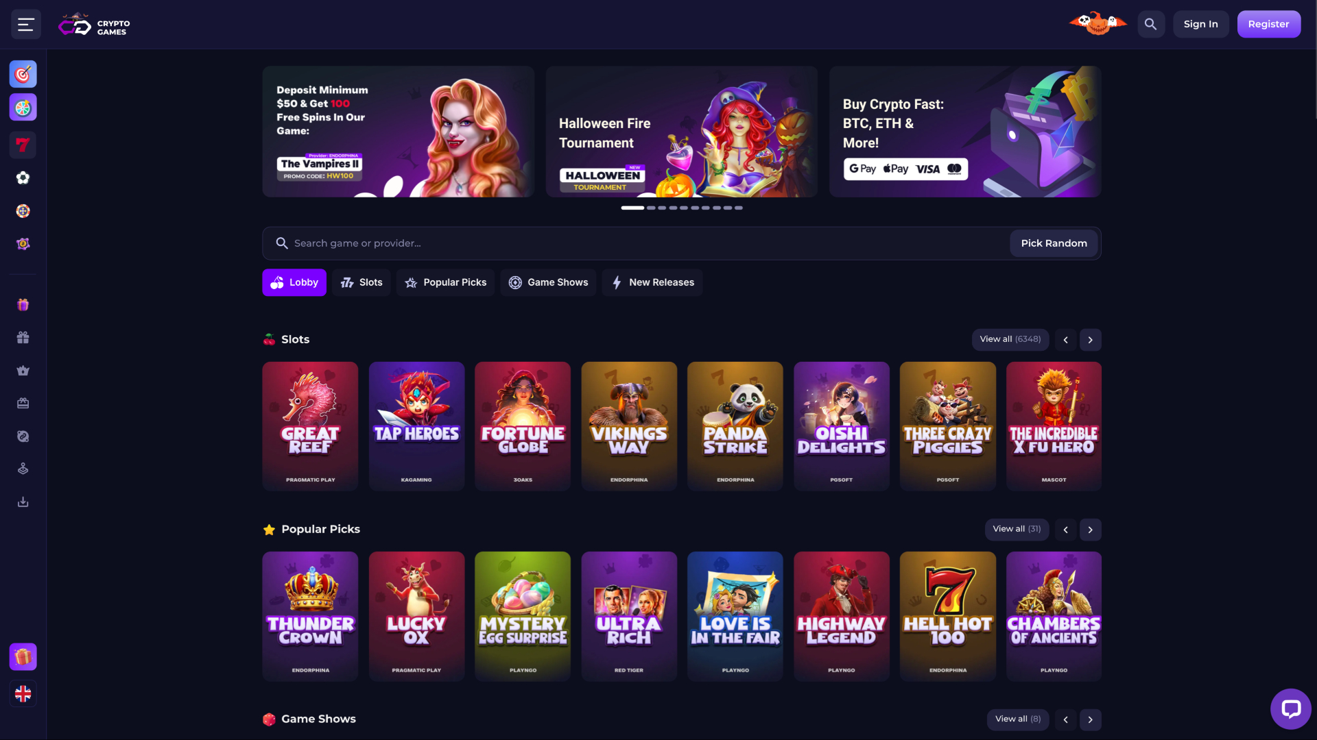 Crypto Games Startseite Desktop