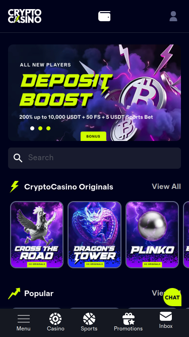 Page d'accueil de Cryptocasino.com sur mobile