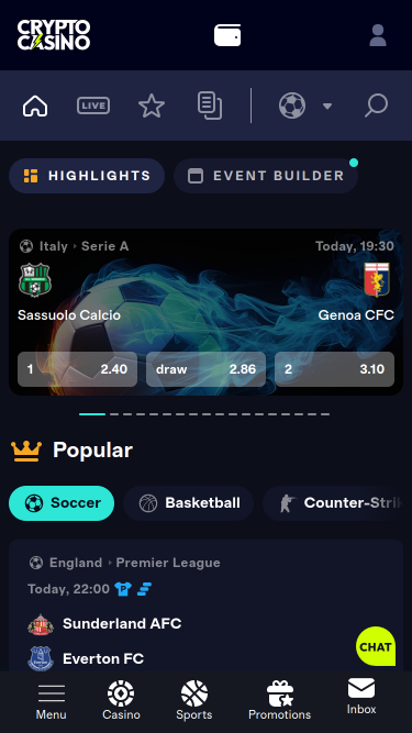 Sports en direct de Cryptocasino.com sur mobile