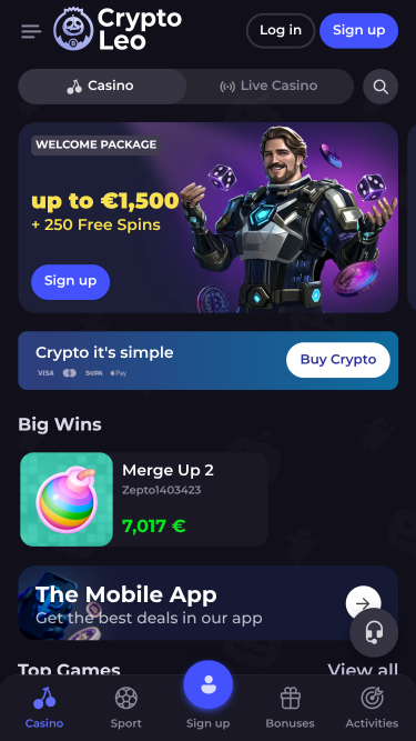 Page d’accueil de CryptoLeo Casino sur mobile
