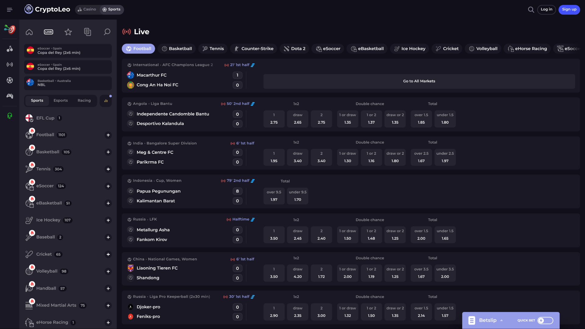 Sports en direct de CryptoLeo Casino sur ordinateur