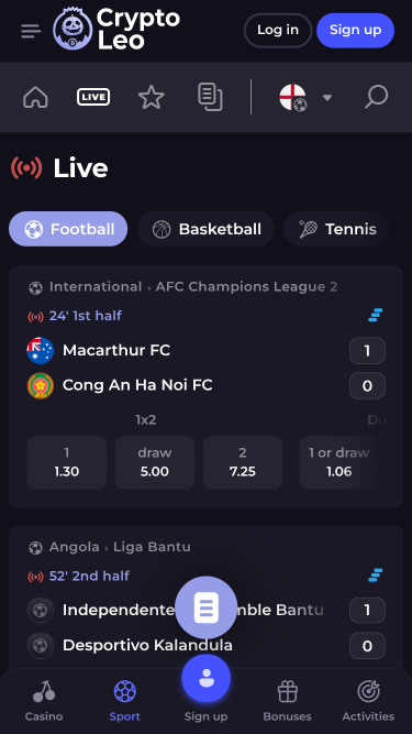 Sports en direct de CryptoLeo Casino sur mobile