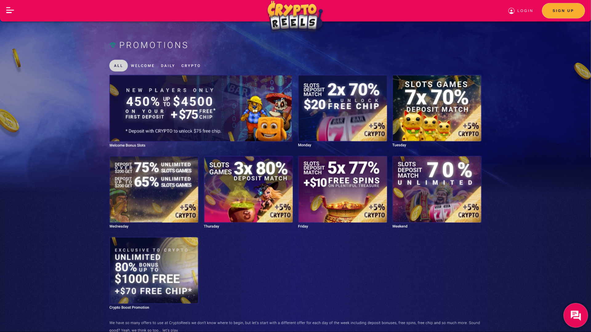 Promozioni di CryptoReels su desktop