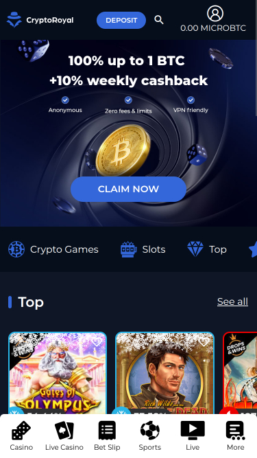 CryptoRoyal Casino Homepage Mobile