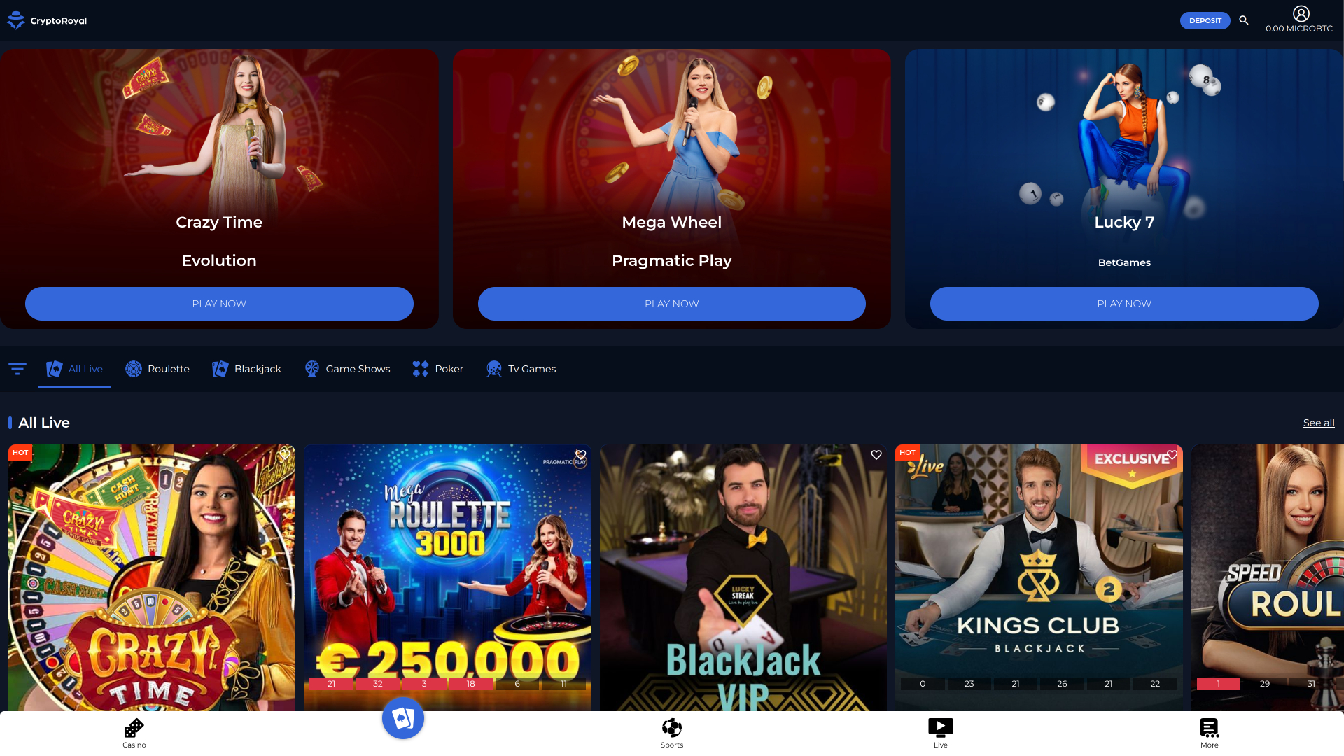 CryptoRoyal Casino Live Dealer Desktop