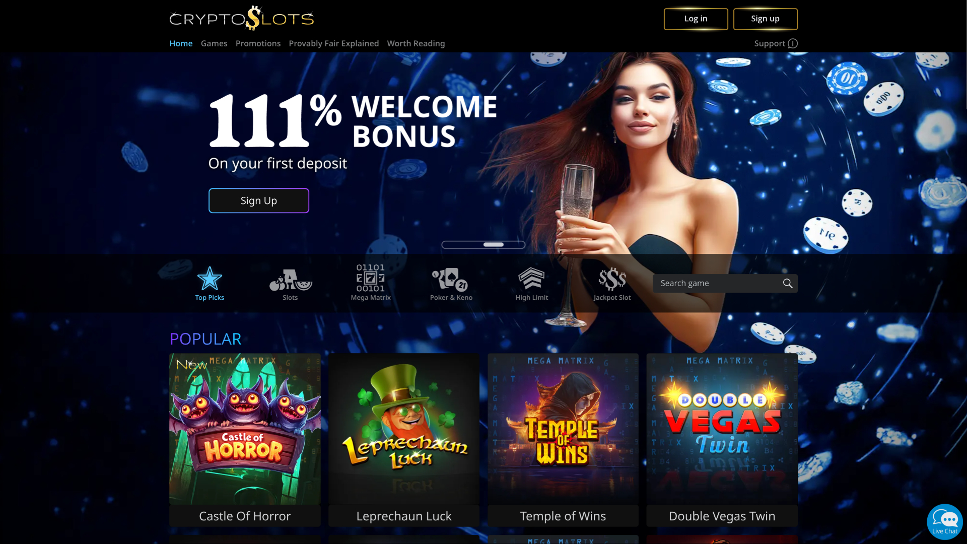 CryptoSlots Casino Homepage Desktop