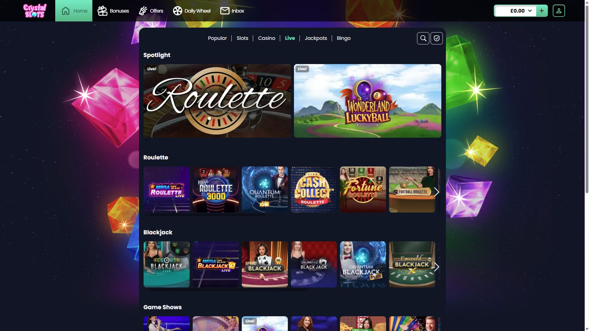 Crystal Slots: изображение рабочего стола, игра с живым дилером