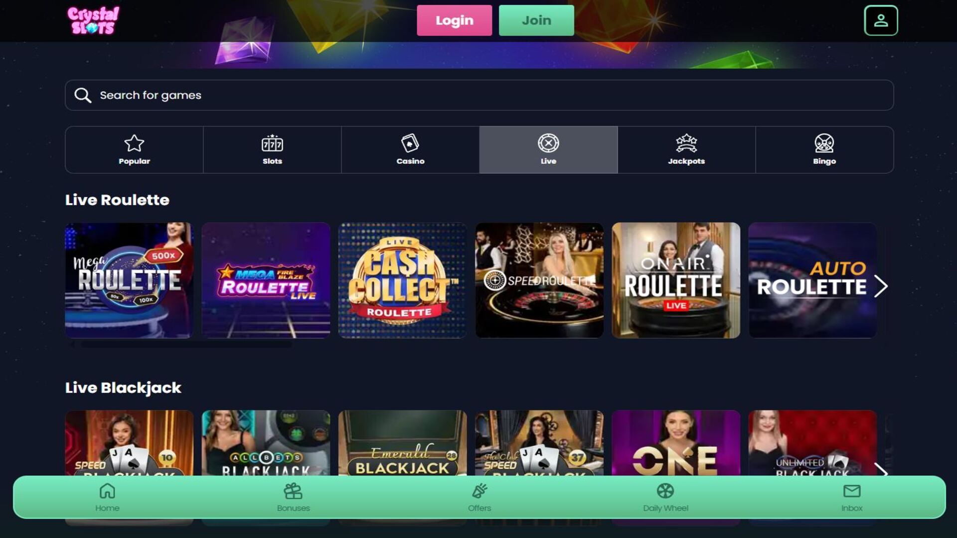 Live dealer Crystal Slots Desktop