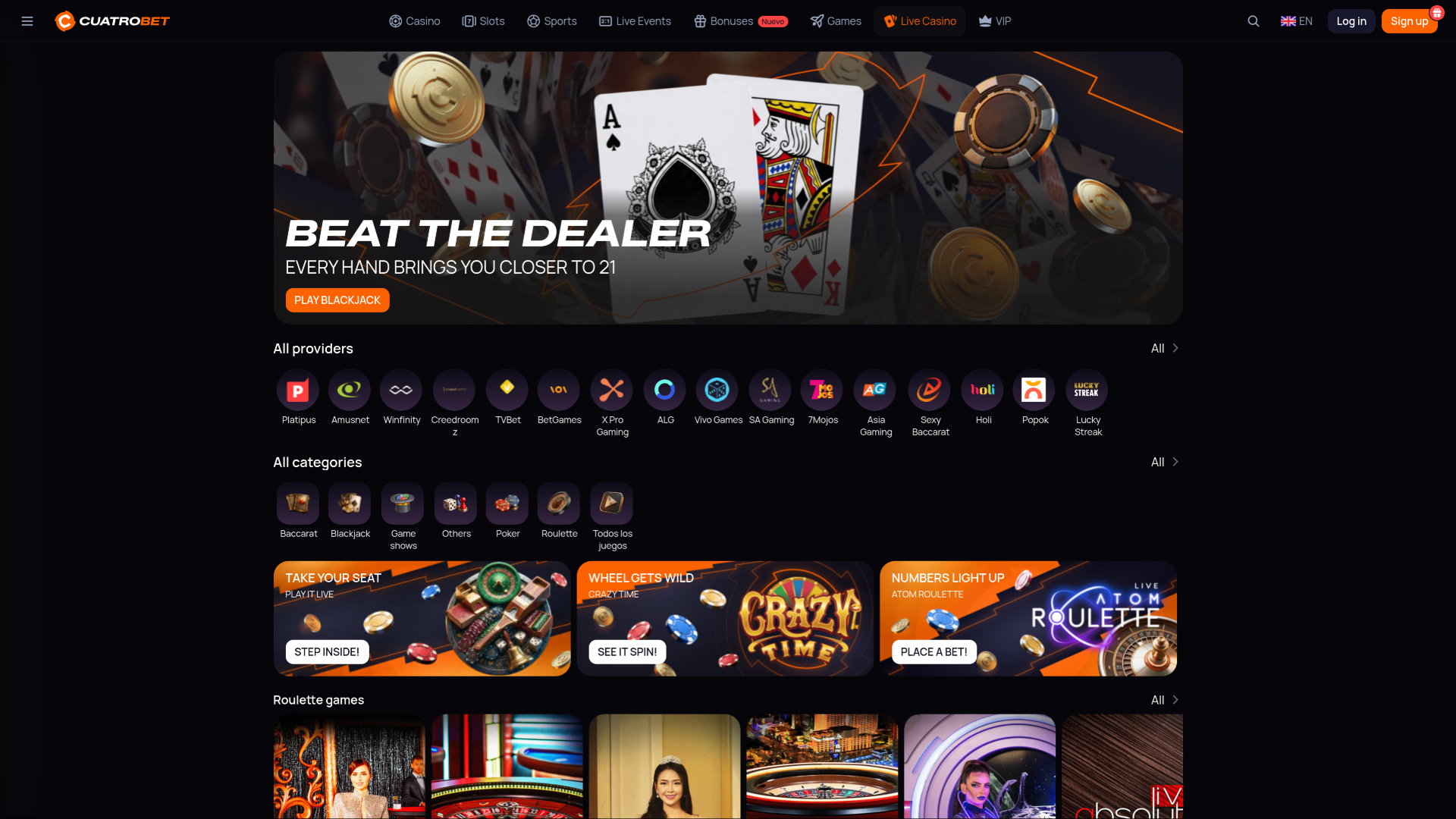 CuatroBet Casino live dealer page