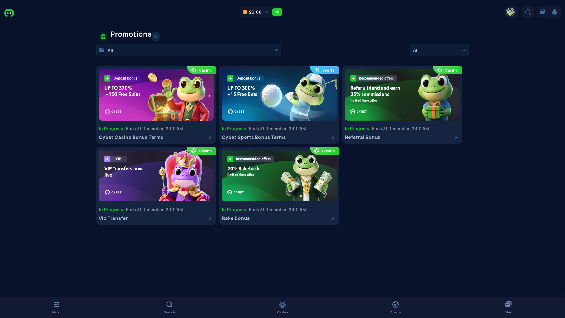 Cybet Casino Promotions Desktop